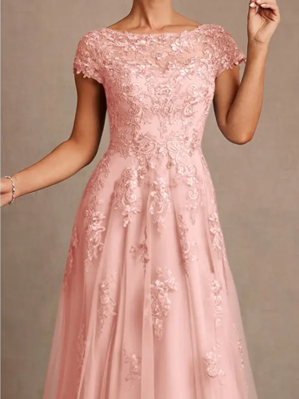 Mauve Lace Appliqué Tulle Evening Dress - Picture 14 of 14